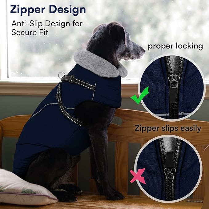 Queenmore Dog Coat,Windproof Dog Coat for Medium Dogs,Dogs Jackets with Harness Built in,Waterproof Doggy Coats with Zipper On Back,Reflective Cold Weather Coats for Dachshund,NavyBlue,M