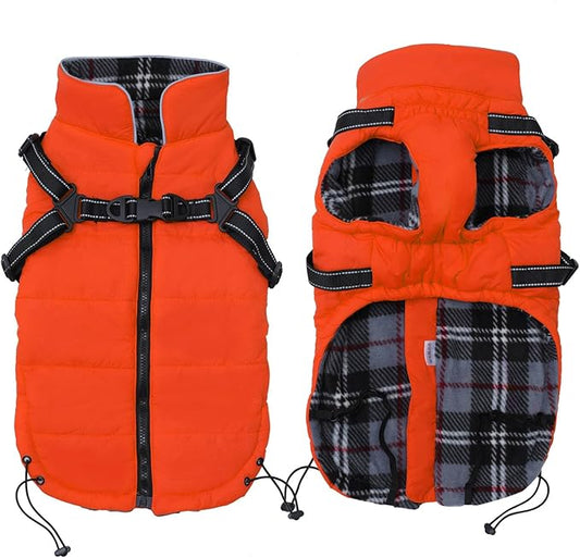 Geyecete Winter Warm Coat Waterproof Dog Winter Jacket with Harness Traction Belt,Pet Outdoor Jacket Dog Autumn and Winter Clothes for Medium, Small Dog-Orange-S
