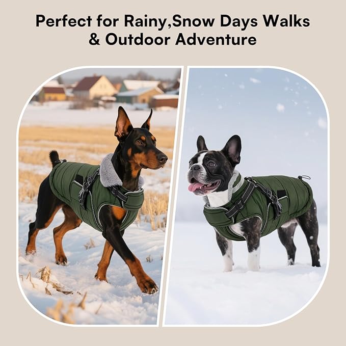 Queenmore Winter Dog Jackets for Large Dogs XXL, Waterproof Winter Coat for Extra Large Pitbull/Great Danes, Warm Puffer Snow Jacket for Cold Weather - Fleece Lining Velcro Closure Reflective, Green