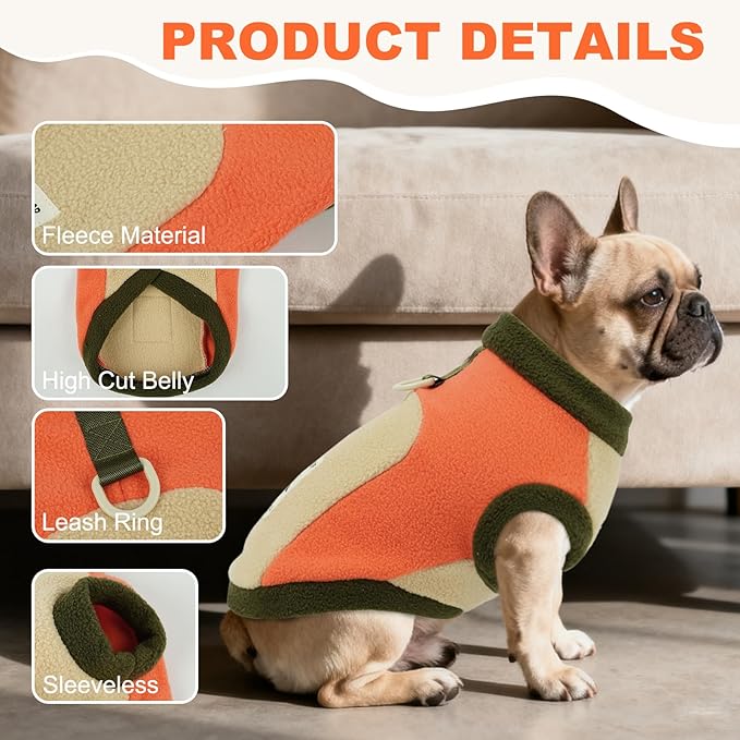 Dog Thermal Sweater, Cozy Fleece Coats with Leash Ring,Cold Weather Sweatshirts for Medium Breeds,Indoor & Outdoor, Comfortable & Stretchy,Machine Washable,Orange,Size 2XL