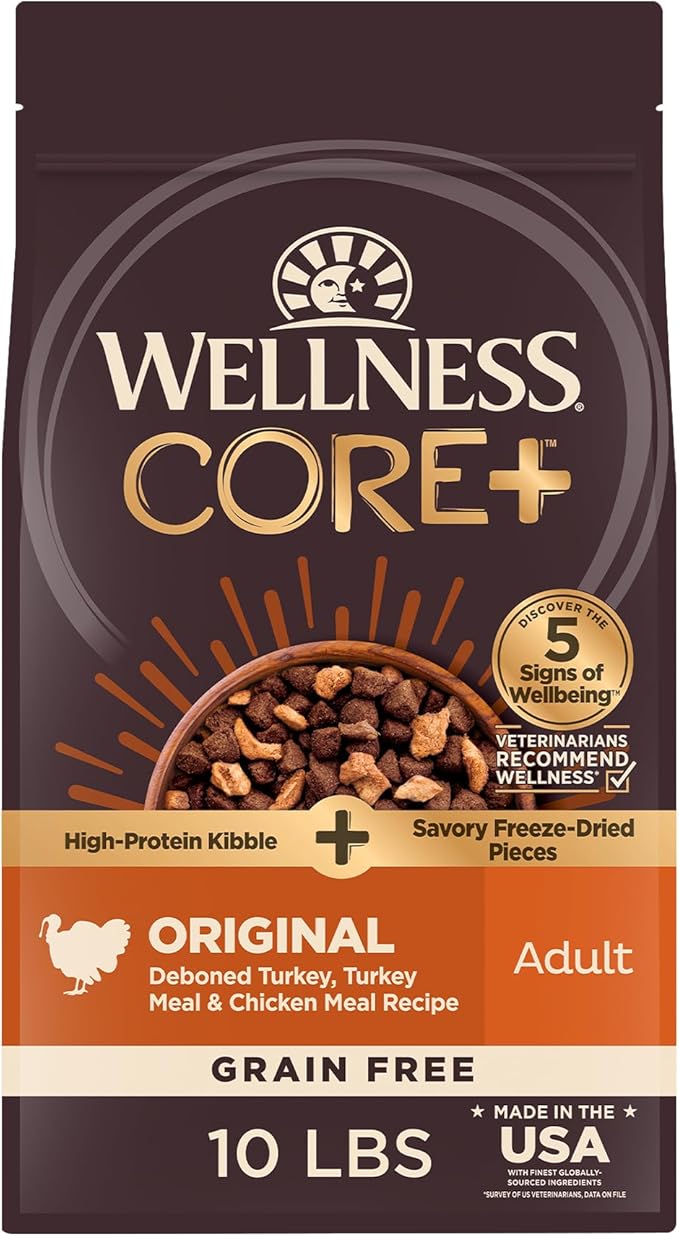 Wellness CORE+ Dry Dog Food with Freeze Dried Pieces, Grain Free, High Protein, Natural, Original Turkey & Chicken Recipe, (10-Pound Bag)