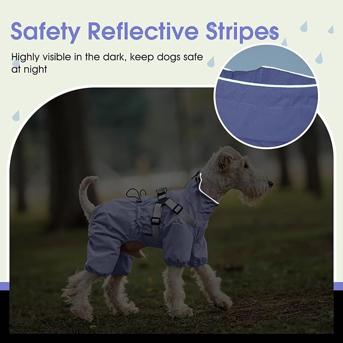 BRKURLEG Dog Raincoat for Small Dogs, Small Dog Rain Jacket with Harness Built in, Waterproof 4 Legs Puppy Raincoats, Puppy Outdoor Jacket with Reflective Strip, Purple, S