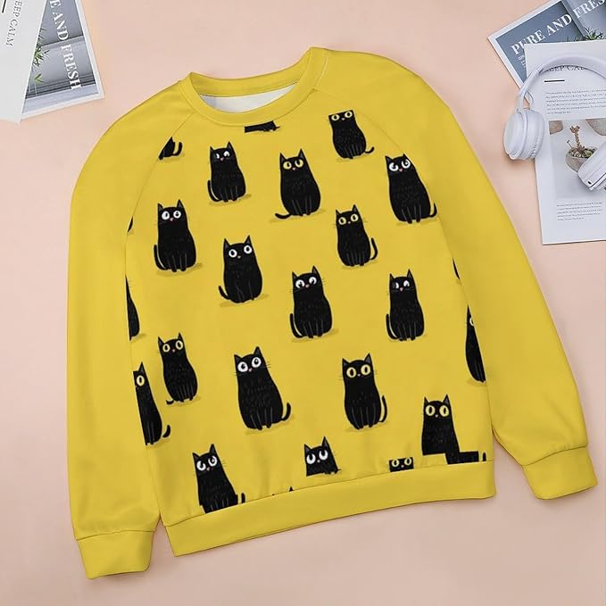 Abstract Cute Cat Shirts for Women Long Sleeve Lady Crewneck Pullover Sweatshirt Fall Winter Oversized Tops