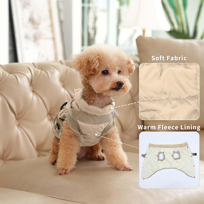 Dog Jacket with Harness,Fleece Lined Warm Puppy Coat for Winter,Soft Windproof Small Dog Vest,Khaki M