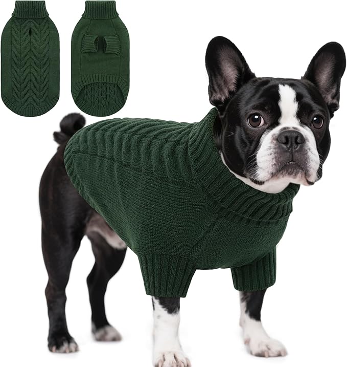 Dog Sweaters for Large Dogs Classic Turtleneck Dog Christmas Sweater Thick Warm Pullover Male Puppy Pet Stretch Knitwear Fall Winter Clothes with Leash Hole(Green, L)