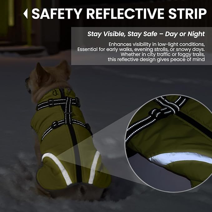 QBLEEV Dog Coat for Large Dogs, XL Dog Jacket for Winter Snow Waterproof with Built-in D-Ring Harness, Reflective Warm Thick Fleece Safety Vest, Cold Weather Snowsuit with Zip, Green, XL