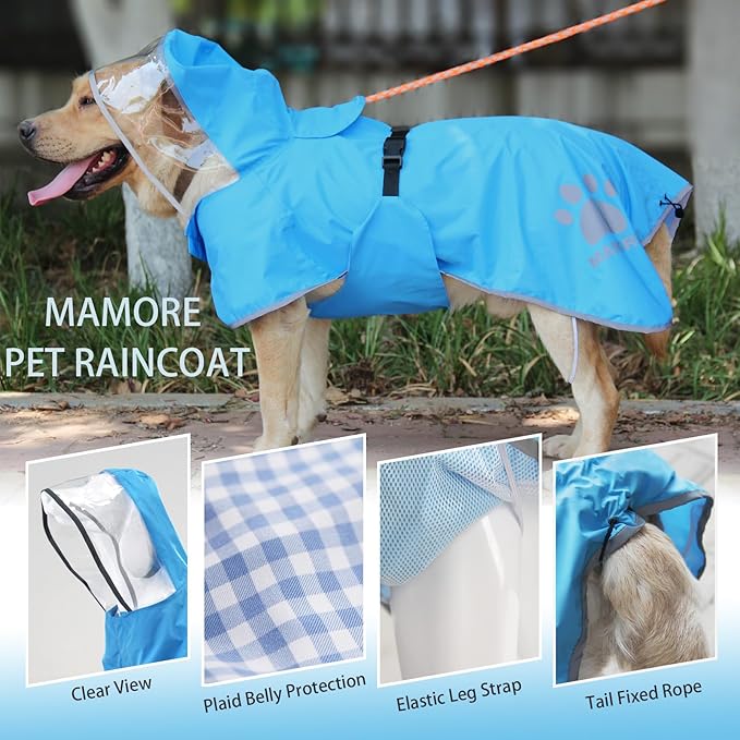 Waterproof Dog Raincoat, Reflective Adjustable Hooded Dog Rain Coat, Lightweight Breathable Pet Rain Jacket Poncho Double Layer with Leash Hole for Small Medium Large Dogs (Blue, Large)
