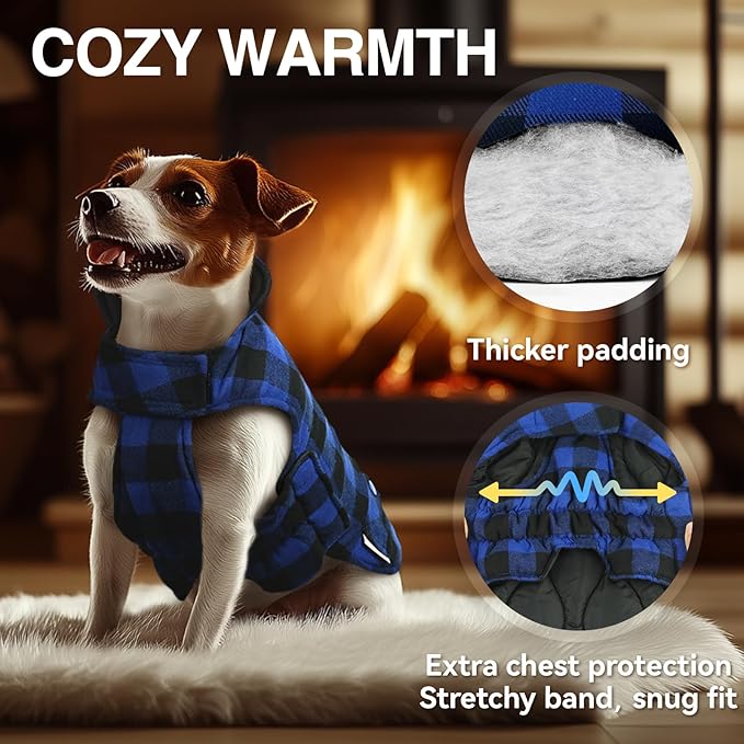 VIVAGLORY Softjoy Dog Coat, Dog Jacket for Winter & Christmas, Coat with Harness Hole & Velcro Closure, Reversible Plaid Checkered Warm Fluffy Heavy Duty for Puppy, M, Sapphire Blue Plaid