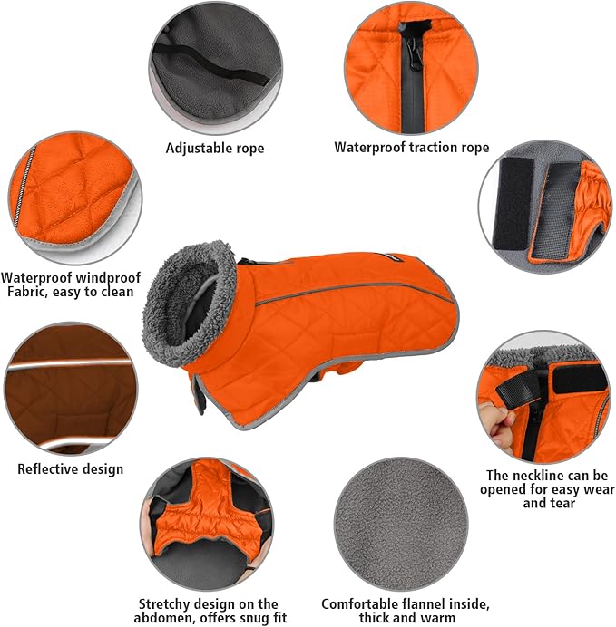 Fragralley Dog Coat Large, Waterproof Dog Jacket with Warm Fleece Lining, Adjustable Reflective Dogs Winter Coat, Turtleneck Pet Coats for Cold Weather (Orange XL)