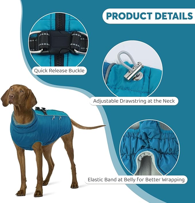 IDOMIK Warm Dog Coat with Harness, Waterproof Reflective Dog Jackets for Small Medium Large Dogs, Fleece High Collar Winter Jacket with Zipper, Pet Winter Snowsuit Clothes for Cold Weather,Blue M