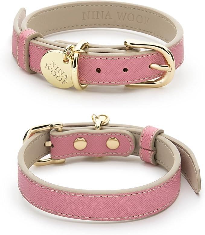 NINA WOOF Rio Vegan Leather Dog Collar - Padded Luxury Dog Collar with Adjustable Buckle - Collar for Dogs, Small Dogs and Large Dogs (Extra-Small, Pink)