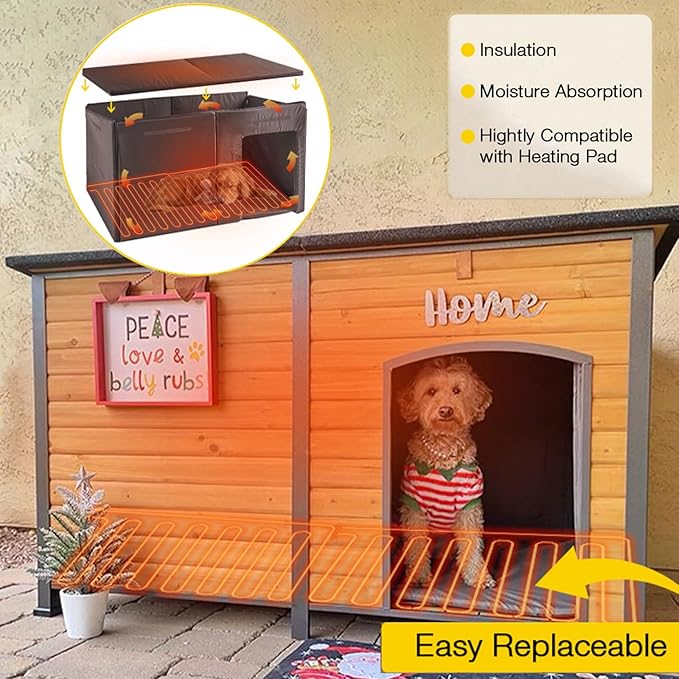 Aivituvin Heated Dog House Outdoor 59" Extra Large Insulated Dog Kennel with Heating System & Insulation Liner,All-Around Iron Frame