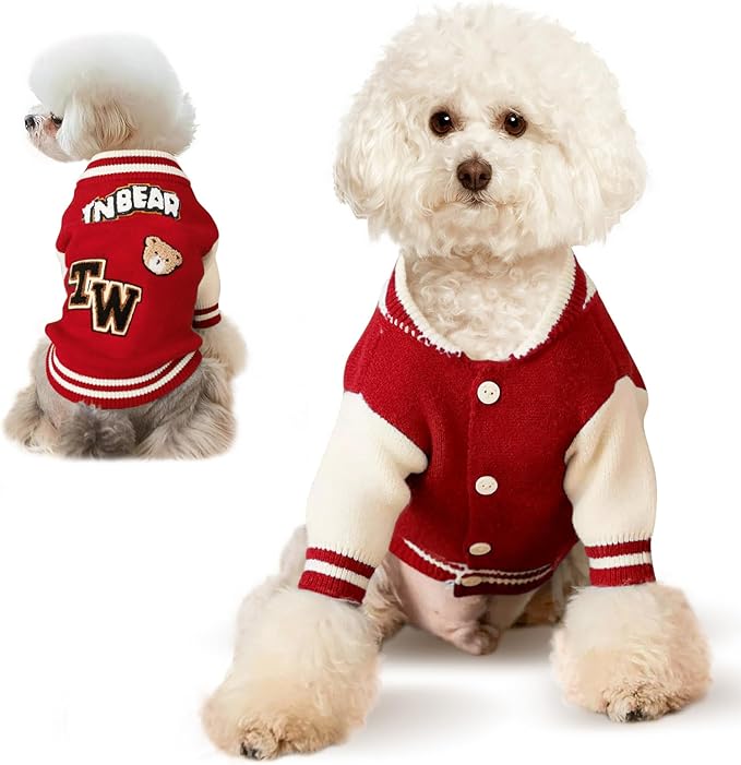 Small Dog Sweater Sweatshirt Cute Puppy Sweaters - Winter Red Warm Knitted Bear Design for Puppies (S)