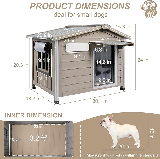 Outdoor Dog House with Chew-Proof Iron Frame, Wooden Dog Kennel Weatherproof，Removable Floor, Adjustable Vent Window, Easy Assembly for Medium and Small Dog, 30" L x 21" W x 24" H