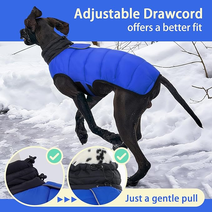MIGOHI Lightweight Dog Coat, Windproof Dog Jacket, Puffer Jacket for Large Dogs, Padded Vest with Reflective Strips, Warm Snow Vest in Cold Weather, Easy On Hook & Loop Belly, Blue, XL
