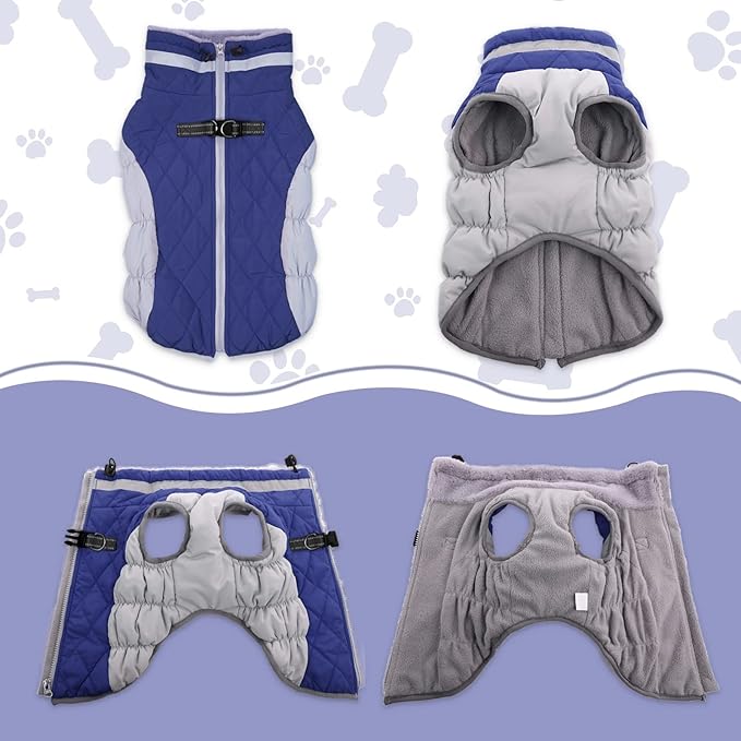 Lelepet Dog Coat Warm Dog Winter Coat Waterproof Dogs Jacket with Harness Built in Reflective Pet Fleece Vest Zip-Up Cold Weather Coats for Large Dogs Turtleneck & Windproof Coats Pitbull Blue 2XL