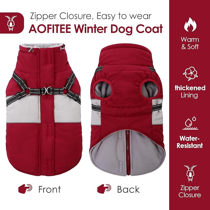 AOFITEE Dog Coat, Waterproof Dog Jacket Winter, Dogs Coat with Harness Built in, Warm Dogs Puffer Jacket with Zipper, Reflective Pet Snowsuit Sweater for Dachshund, French Bulldog, Boston Terrier, M