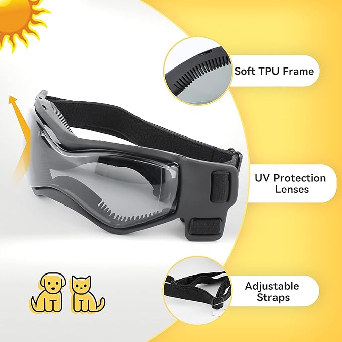 Namsan Dog Goggles Small Breeds, UV Protection Dog Glasses for Small Dogs, Puppy Sunglases Windproof Dustproof Driving Eye Protection, Adjustable, Cool Black