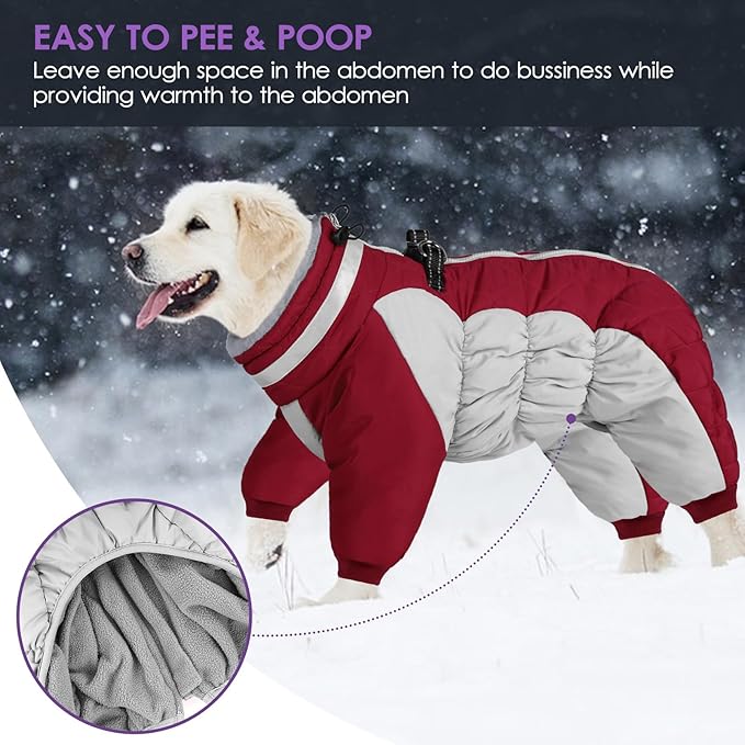 SUNFURA Full Body Dog Coat - Warm Fleece Jacket for Large Dogs, Turtleneck Winter Coats with Harness, Reflective Windproof Dog Snowsuit with Legs for Labrador,Golden Retriever, Burgundy 2XL