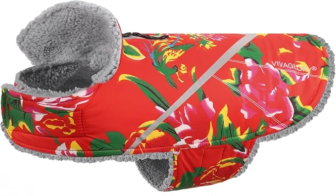 VIVAGLORY Snowrap Dog Coat, Jacket with Harness Hole & Velcro Closure, Dog Coat for Winter & Cold Weather, Fluffy Warm Fleece Lined Reflective Water Resistant for Puppy, L, Northeast Florals-Red