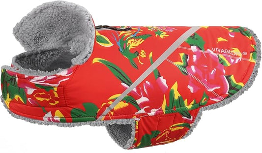 VIVAGLORY Snowrap Dog Coat, Jacket with Harness Hole & Velcro Closure, Dog Coat for Winter & Cold Weather, Fluffy Warm Fleece Lined Reflective Water Resistant for Puppy, L, Northeast Florals-Red