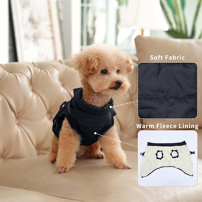 Dog Jacket with Harness,Fleece Lined Warm Puppy Coat for Winter,Soft Windproof Small Dog Vest,Black S
