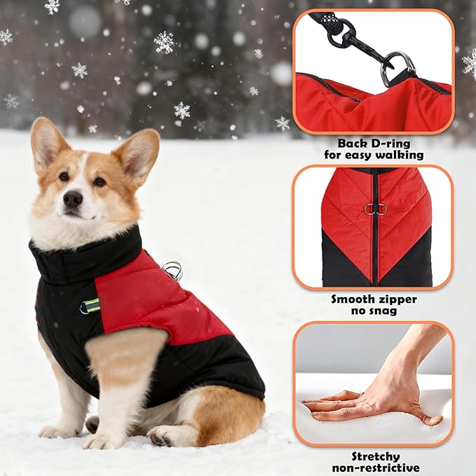 Fleece Lined Dog Coats Extra Warm Dog Winter Coat,Waterproof Dogs Jacket for Medium to Large Dogs,Cold Weather Winter Clothes Turtleneck Windproof Reflective Pet Vest (Red & Black, 2XL)