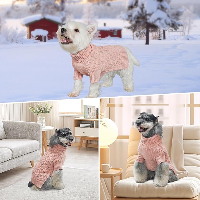 KYEESE Dog Sweater with Classic Cable Knit Long Sleeve Knitwear Dogs Clothes, Warm Turtleneck Pet Coats Soft Dog Sweater for Small Dogs, Pink, Small