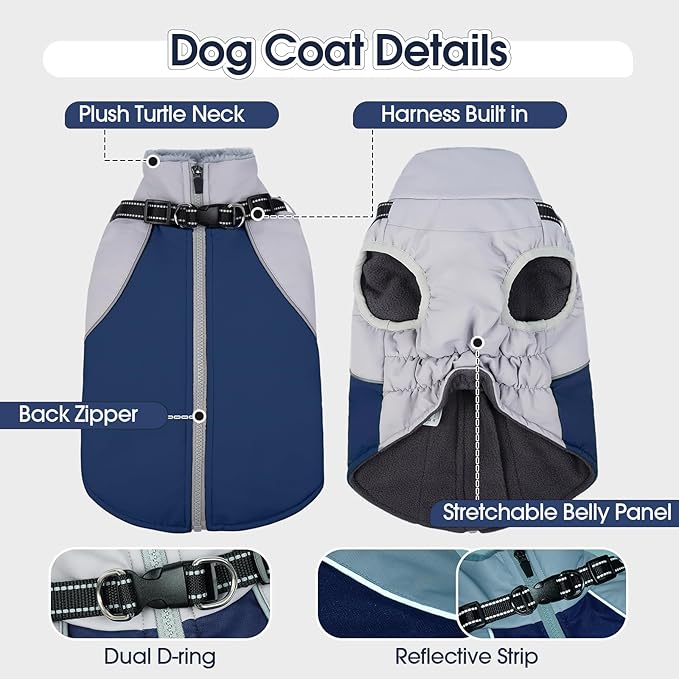 DENTRUN Dog Coat with Harness Built in, Easy On/Off Zipper Closure Winter Dog Vest, Water-Repellent Fleece Lined Warm Jacket with Reflective for Extra Large Dogs, Dark Blue, XXXL