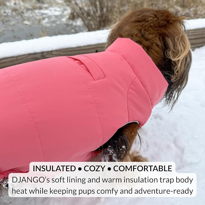 DJANGO Puffer Dog Coat – Warm Winter Dog Jacket & Water-Repellent Insulated Puffer Vest with Striped Lining, Harness Hole, Adjustable Fit for Small & Medium Dogs, Dachshunds – Rose Petal Pink, X-Small