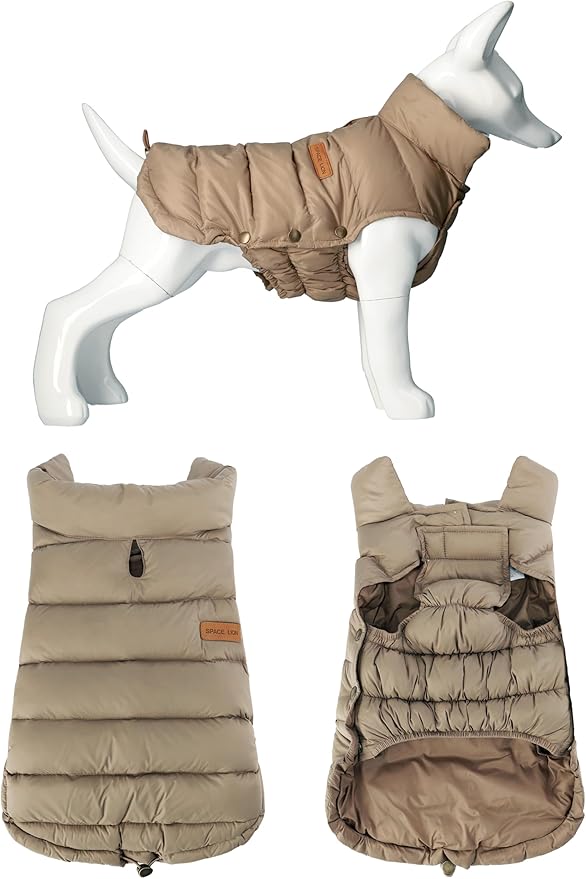 SPACE LION Dog Puffer Jacket, Down Winter Coat, Durable Outdoor Coat for Cold and Windy Conditions, Waterproof, Lightweight Jacket, Adjustable Fit for Small, Medium, Large Dogs(Khaki,10/S)