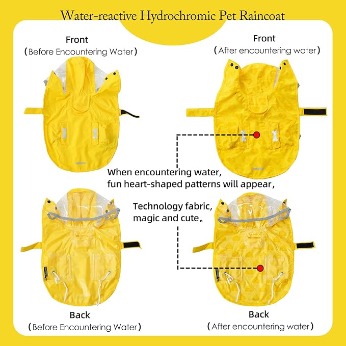 Dog Raincoat,Waterproof Rain Poncho with Hoodie, High Reflective Adjustable Pet Rain Jacket with Leash Hole for Small Medium and Large Dogs (Yellow(Water-Reactive Hydrochromic), X-Small: 4-9lbs)