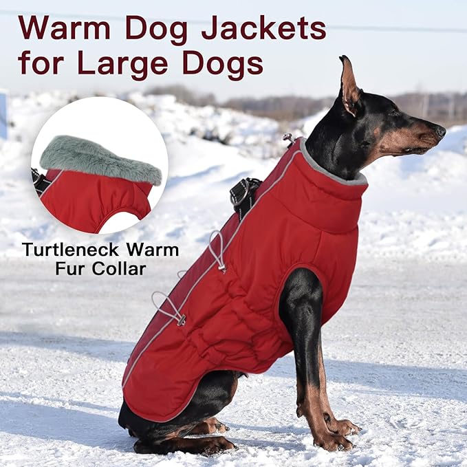 Dog Coat - Warm Winter Jacket Snowsuit for Large Dogs, Water-Resistant, Reflective, Red