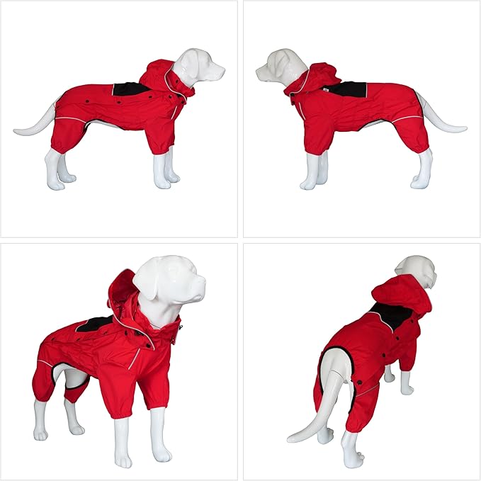 LOVELONGLONG Waterproof Dog Raincoat with Removable Hood – Outdoor Full Body Dog Jacket, Windproof Snowproof Shell Suit – All Season Pet Rain Gear Red L
