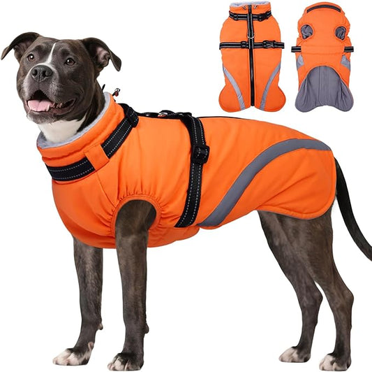 BRKURLEG Dog Winter Jackets for Large Dogs, Dog Coat with Harness Built in, Dogs Snowsuits with Zipper, Waterproof Windproof Pet Puffer Jacket Fleece Vest for Beagle, Pitbull, Orange XL