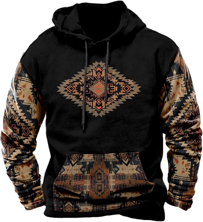 HOTYD Mens Western Aztec Sweatshirts Long Sleeve Fall Fashion Drawstring Pullover Vintage Graphic Cowboy Hoodie for Men