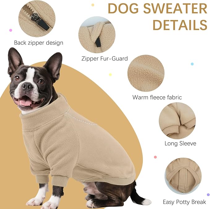 BRKURLEG Dog Sweater, Turtleneck Thick Dogs Sweatshirts Fleece Sweater, Dog Winter Coat for Small Medium Large Dogs, Pet Warm Sweaters with Zipper, Pullover Jacket with Sleeve (Light Coffee, L)
