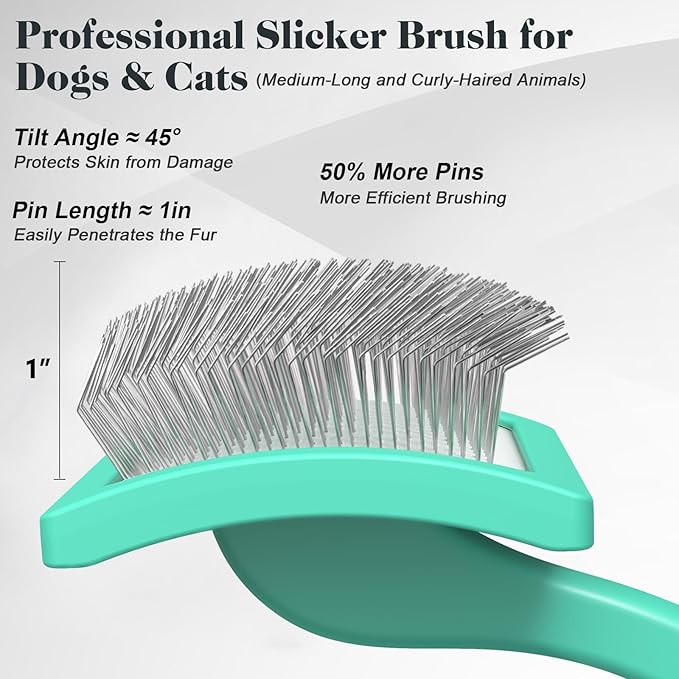 2PCS Slicker Brush for Dogs & Pet Comb,Professional Dog Grooming Brush (Goldendoodles,Poodles,Labradoodles) with Extra Long Pins to Effectively Remove Tangles, Knots and Mats (Cyan Large)