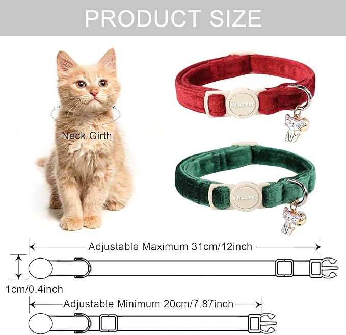 ARING PET 2 Pack Christmas Cat Collars-Cute Breakaway Cat Collar with Bell & Pendant, Adjustable Christmas Kitten Collars with Safety Buckle for Girl and Boy Cats