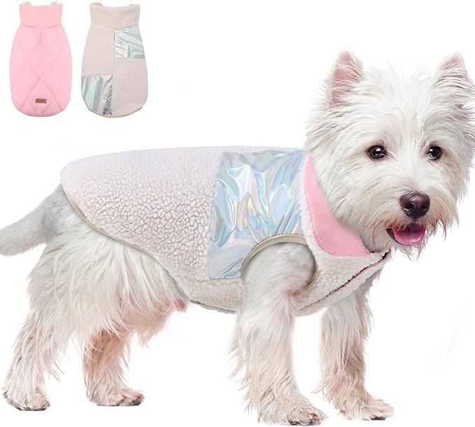 EMUST Dog Coat, Warm Reversible Dog Winter Coat with Fleece Lining, Thick Plush Puppy Coats, Cream, XL