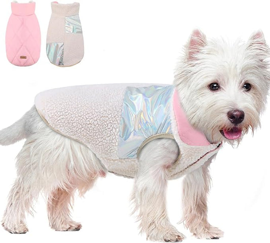 EMUST Dog Coat, Warm Reversible Dog Winter Coat with Fleece Lining, Thick Plush Puppy Coats, Cream, XL