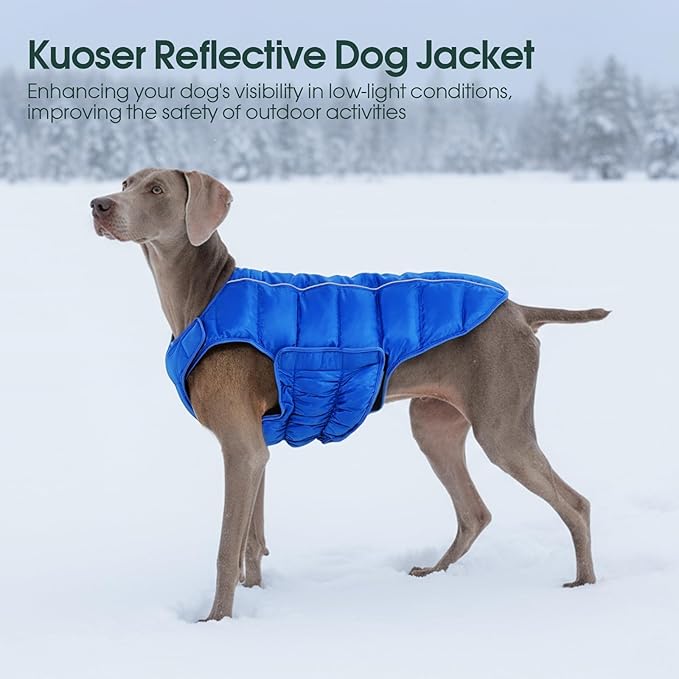 Kuoser Dog Puffer Jacket Warm Dog Coat for Extra Large Dogs, Windproof Reflective Pet Padded Vest Cold Weather Clothes Puppy Snowsuit with Hook & Loop Coats, Easy On/Off, Blue 2XL