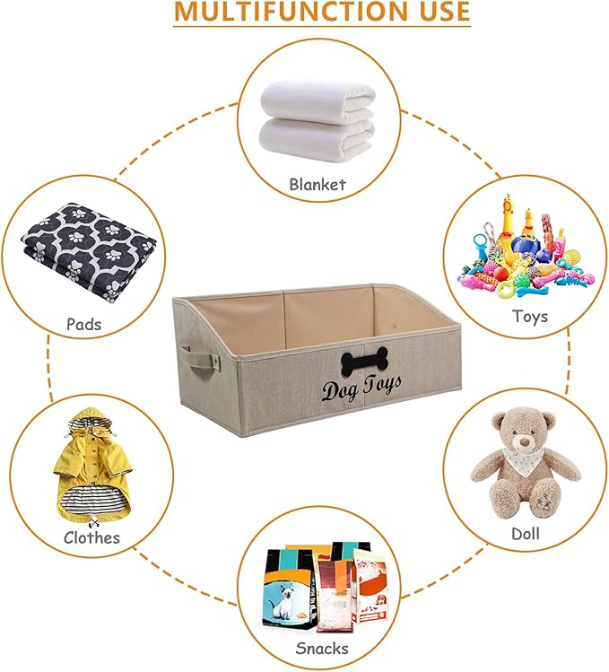Large Dog Toy Basket Collapsible Dog Toy Box Fabric Trapezoid Dog Toy Bin Storage for organizing pet Toys/Blankets/leashes/Rope Toys/Clothing-Can be Personalized-KhakiStripe