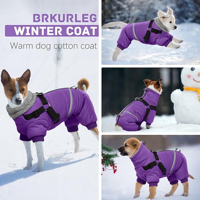 BRKURLEG Purple Dog Coat with Harness, Dog Winter Jacket, Dogs Onesie Body Warm Jackets, Small Dogs Winter Coats Reflective Windproof Warm Cold Weather Coats, Pet Waterproof Jackets, XL