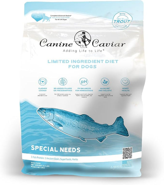 Canine Caviar - Special Needs: Trout & Whole Ground Oats, Alkaline Dry Dog Food, Limited Ingredients, Gluten-Free, Based on Science & Research, Veterinary Alternative Diet (4.4 Pound Bag)
