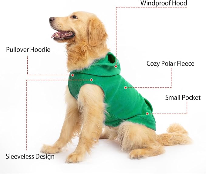 EXPAWLORER Dog Hoodie Fleece Sweater Vest, Hooded Dog Sweatshirt Fall Winter Pet Clothes with Leash Hole, Sleeveless Warm Cozy Puppy Clothing for Cat Small Medium Large Dogs Girl Boy, Green L