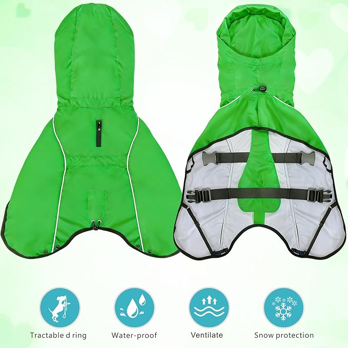 Mosucoirl Dog Raincoat Jacket Reflective Adjustable Hooded Pet Poncho Rain Coats with Leash Hole Waterproof Clothes for Small Medium Large Dogs (Green, L)