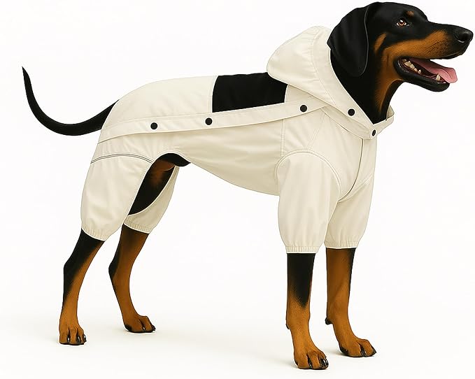 LOVELONGLONG Waterproof Dog Raincoat with Removable Hood – Outdoor Full Body Dog Jacket, Windproof Snowproof Shell Suit – All Season Pet Rain Gear Ivory XXL