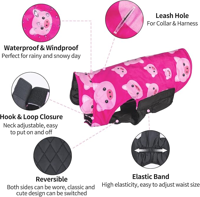 CuteBone Winter Dog Coat Waterproof Windproof Dog Jacket Reversible Dog Vest Thick Adjustable Dog Cold Weather Coats for Small Medium Large Dogs Soft Winter Coat with Leash Hole