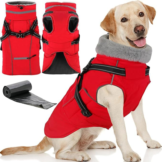 Doglay 2 in 1 Dog Coat with Harness Built-in, Waterproof Dog Winter Jacket with Pocket & Poop Bags, Reflective Adjustable Pet Winter Coat for Small, Medium, Large Dogs